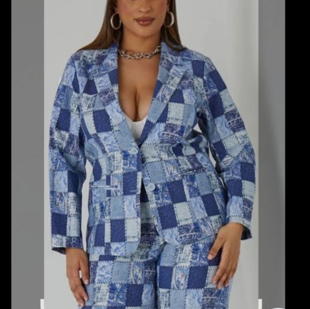 Ashley Stewart Pant Suit Sz 16 Stretch Denim Patchwork Print
